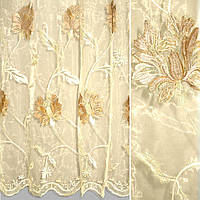 Органза тюль с вышивкой цветы бежево-кремовые, бежевая, ш.280 (30624.003)