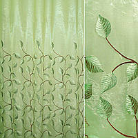 Органза тюль с вышивкой листья зелено-коричневые, зеленая светлая, ш.280 (30627.004)