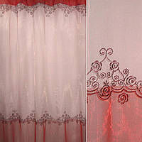 Органза тюль с вышивкой цветочный орнамент красно-розовый, переход вишневая, ш.270 (30628.002)