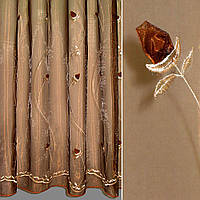 Органза тюль вышивка с нашитыми розами коричневыми, коричневая, ш.270 (30633.003)
