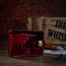 Затискач для грошей універсальний на кнопці "7 чудес світу" з натуральної глянсової шкіри