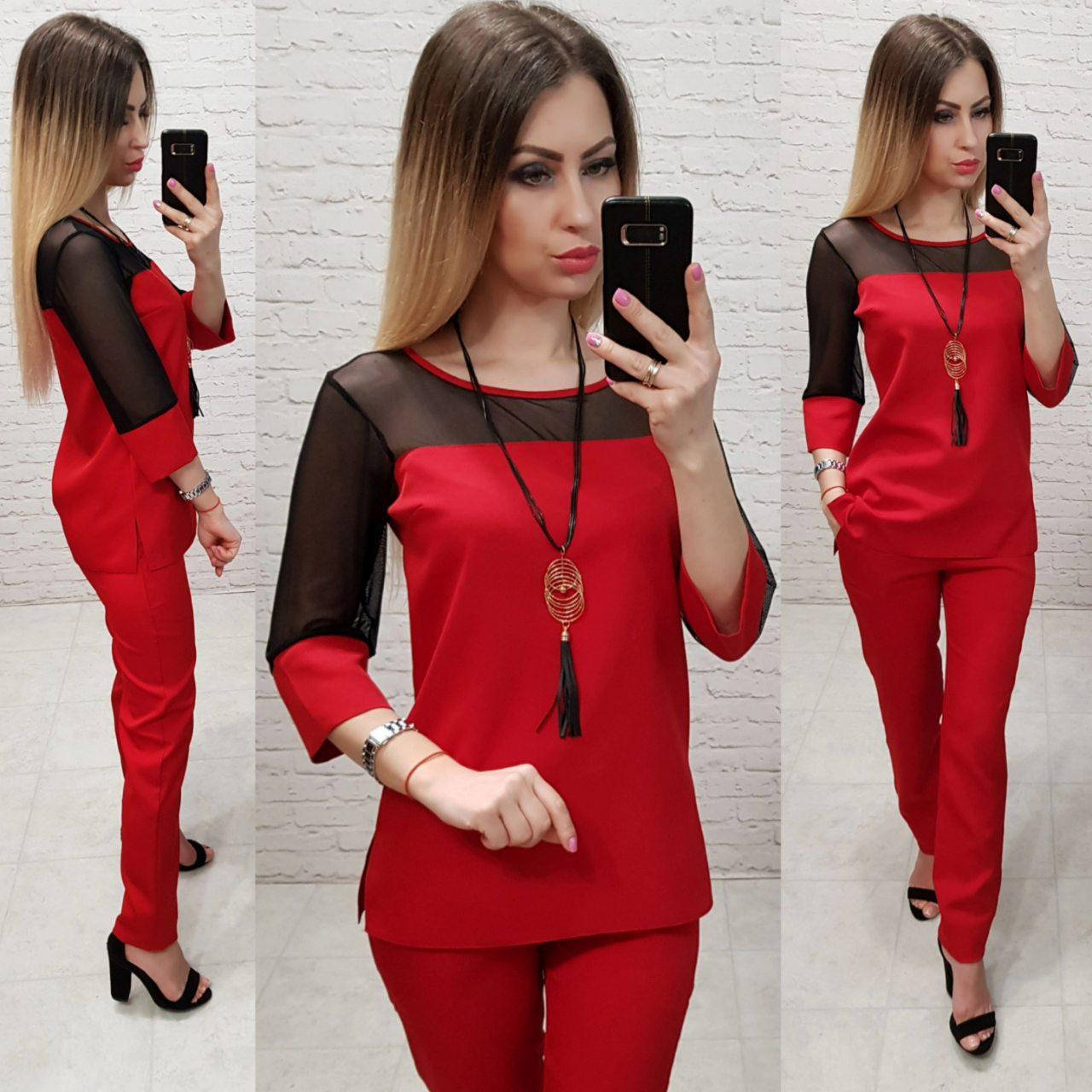 

Костюм женский, креп+сетка, модель 153, цвет - красный