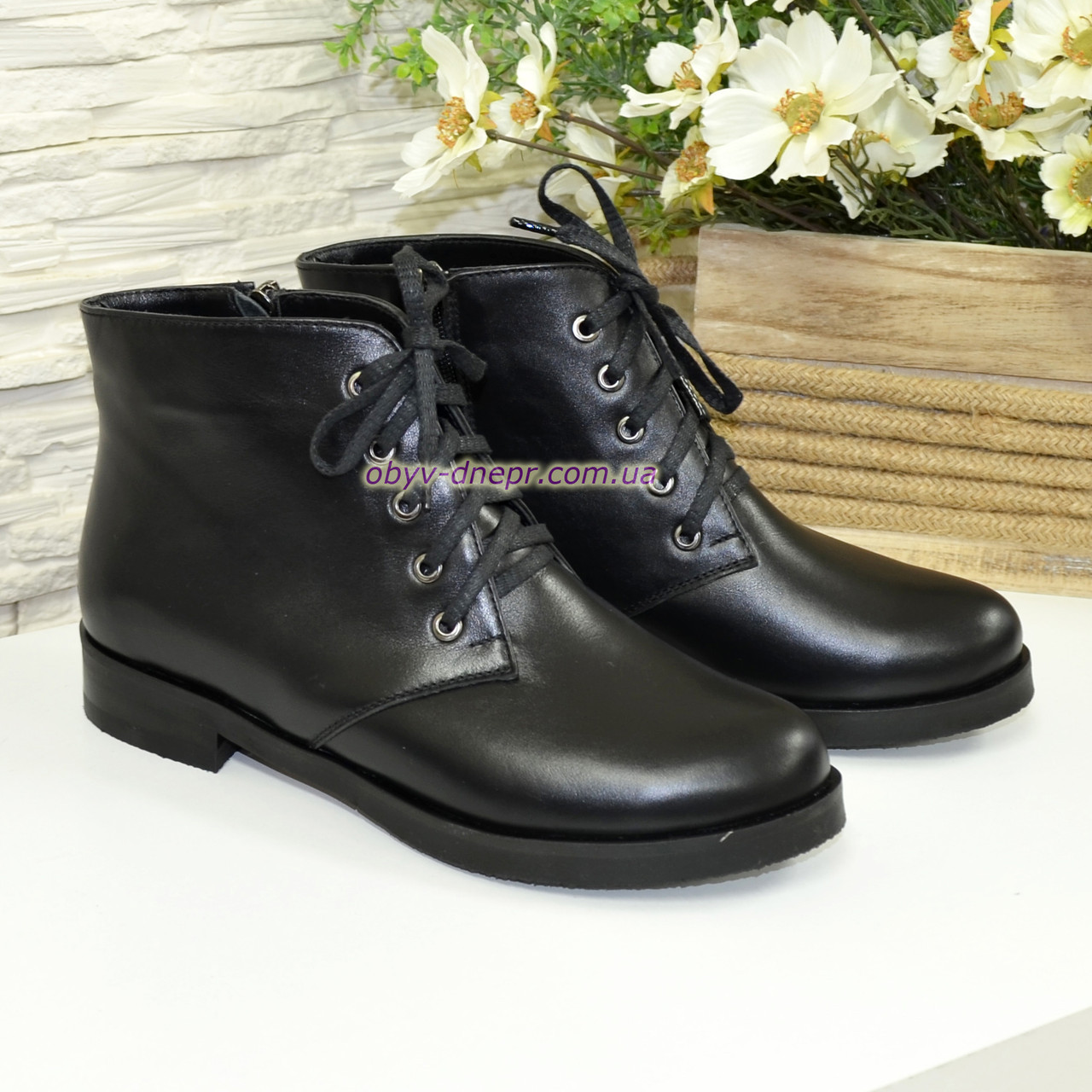 Черевики жіночі на шнурівці, з натуральної чорної шкіри, фото 1