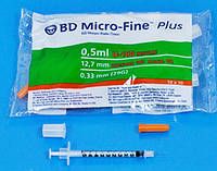 Шприц інсуліновий BD Micro-Fine Plus (Мікрофайн) U-100 0.5 мл, голка 0.33х12.7мм (10 штук у стерильному пакеті)
