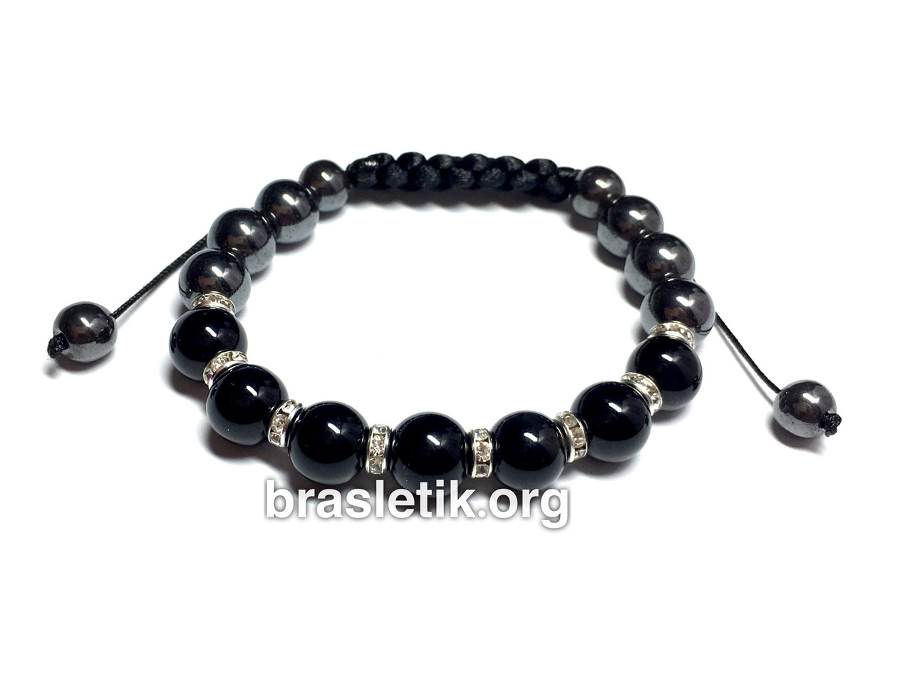 Жіночий браслет із натуральних каменів Агат чорний і Гематит shamballa, фото 1