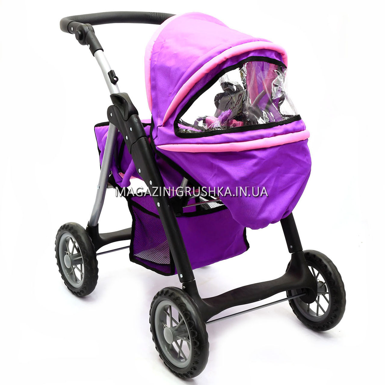 Коляска для кукол со съемной люлькой, сумкой и корзиной для вещей 9388 (фиолетовая), фото 1