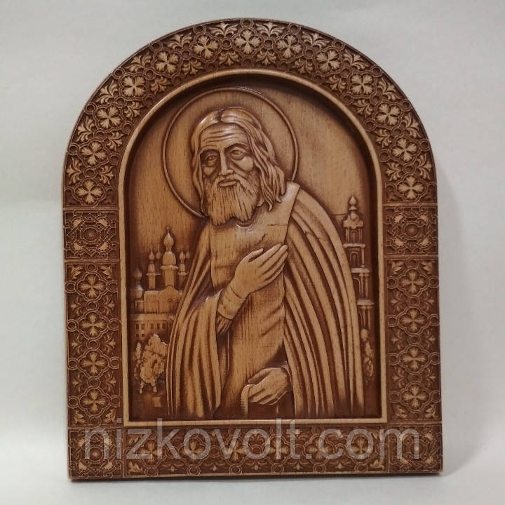 Різьблена ікона з дерева "Серафим Саровський" 200х270х18 мм, фото 1