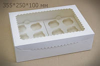 Коробка для кексов и капкейков на 12 штук с окном белая, 355*250*100 мм