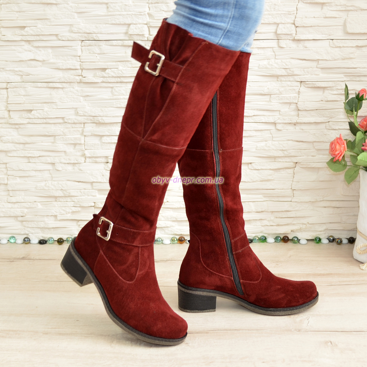 Чоботи жіночі з замші бордового кольору, фото 1