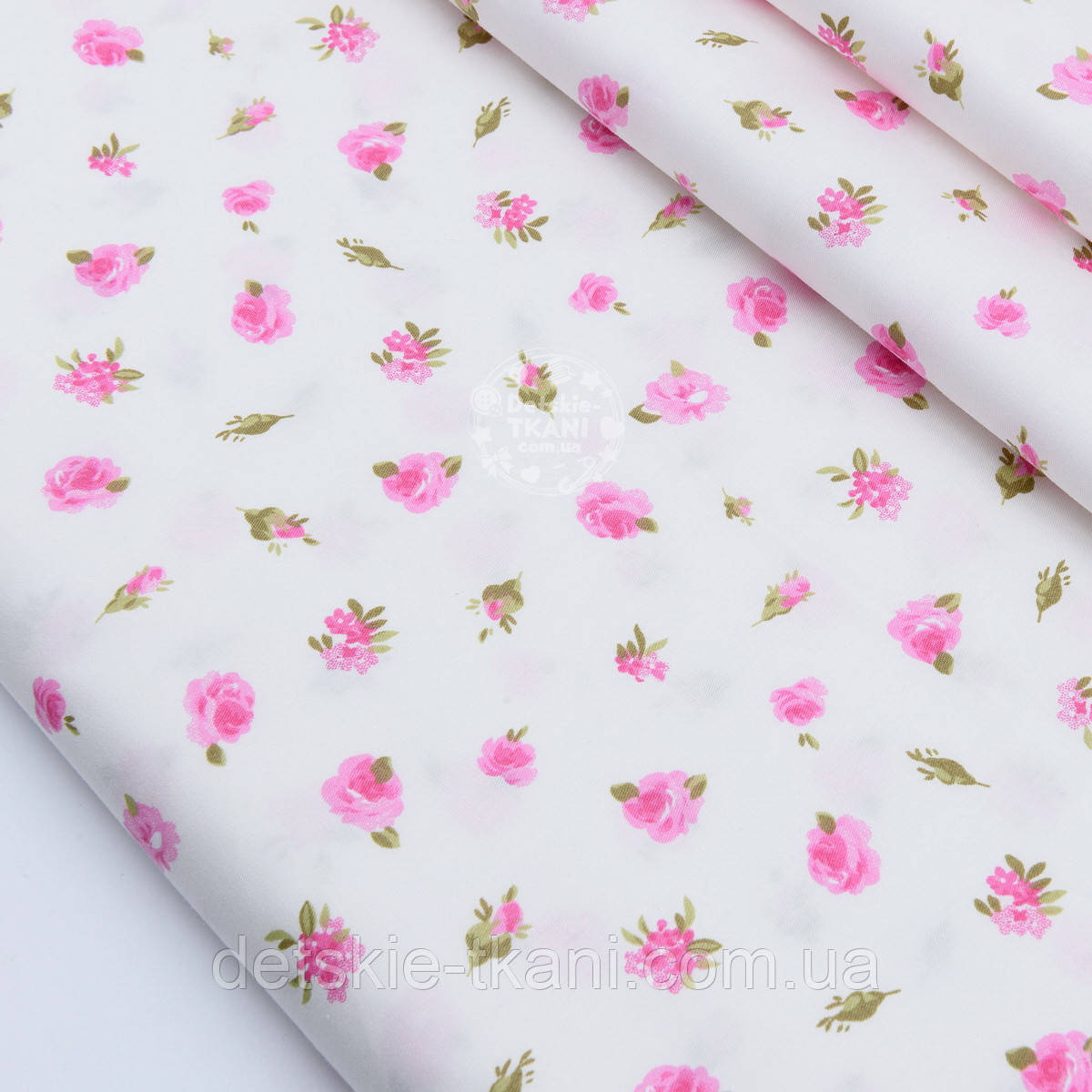 Сатин "Маленькі рожеві квіточки" на білому №1695с