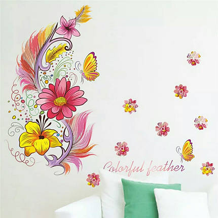 Наклейка на стіну, наклейка квітка, наклейки на вітрину "Colorful feather" 64см*74см (лист 45см*60см), фото 2