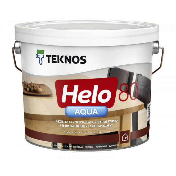Глянсовий водорозчинний лак для паркету та дерев'яної підлоги Teknos прозорий 2.7 л Helo Aqua 80, фото 1