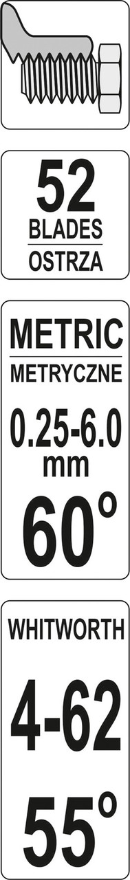 Резьбомер метрический 60° и дюймовый 55° YATO 0.25-6 мм и 4-62 BSW 52 шаблона YT-29984 - фото 3 - id-p849944607