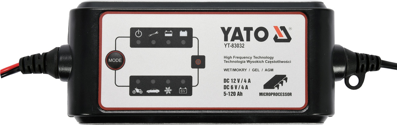 Перетворювач напруги YATO з мережі 230 В AC у 6-12 В DC, для заряджання акумуляторів; 4А, 5-120 Року YT-83032