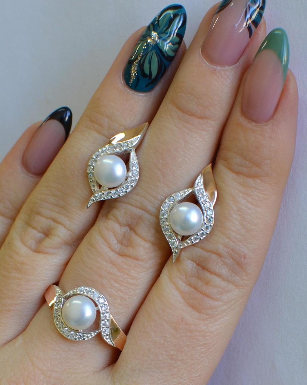 Срібний набір з золотими вставками і перлами, фото 1