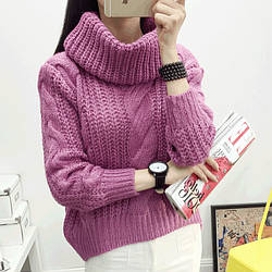 Жіночий теплий в'язаний фіолетовий светр з об'ємним коміром