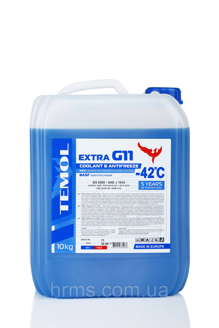 Антифриз синій каністра 10 кг TEMOL Antifreeze Extra G11 Blue Антифриз синій Ж11 каністра 10 Синій антифриз