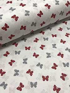 Тканина поплін сіро-червоні метелики на білому рідкісні (ТУРЦІЯ шир. 2,4 м) (R-FR-0008)
