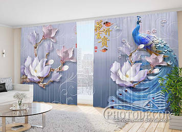 Фото Штори "Павич і квіти" 2,7м*4,0м (2 полотна по 2,0м), тасьма