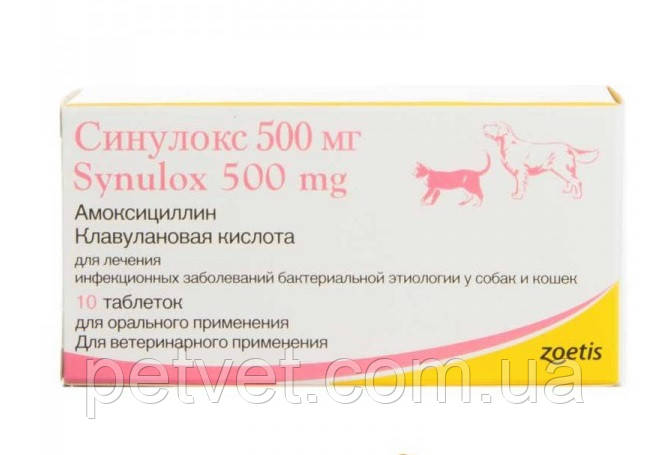 Купить Синулокс (Synulox) антибиотик для кошек и собак, 500 мг.,10 таб ...