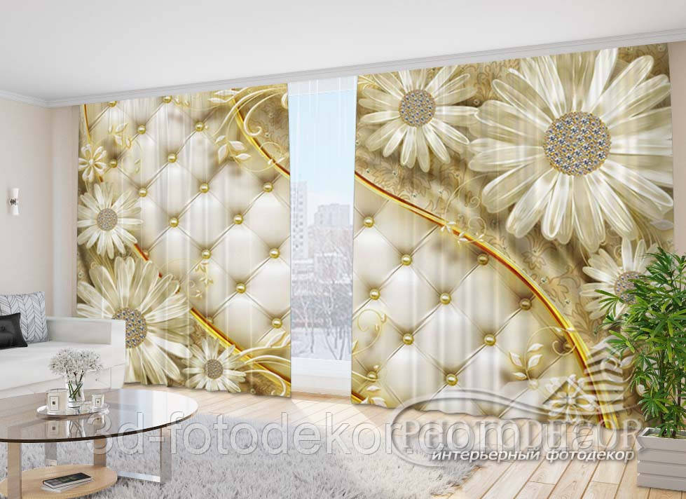 Фото Штори "Перламутрові ромашки" 2,7м*4,0м (2 полотна по 2,0м), тасьма