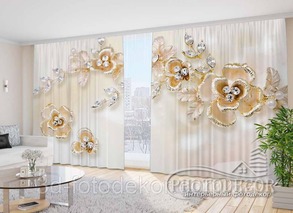 Фото Штори "Квіти з коштовностями" 2,7м*4,0м (2 полотна по 2,0м), тасьма