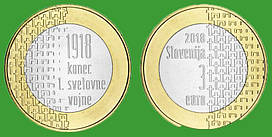 Словенія 3 євро 2018 р. 100 років закінчення першої світової війни. UNC