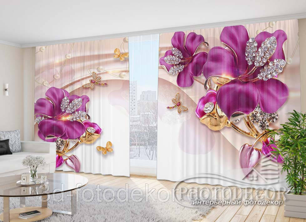 Фото Штори "3D бузкові квіти зі стразами" 2,7м*4,0м (2 полотна по 2,0м), тасьма