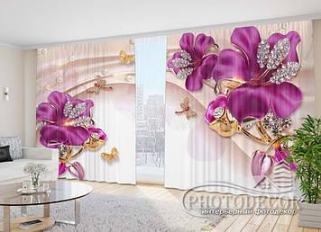 Фото Штори "3D бузкові квіти зі стразами" 2,7м*4,0м (2 полотна по 2,0м), тасьма