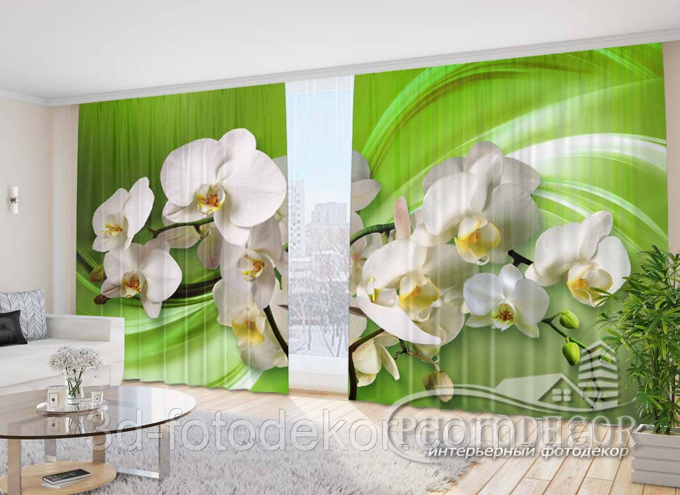 Фото Штори "3D Орхідеї на зеленому тлі" 2,7м*4,0м (2 полотна по 2,0м), тасьма, фото 1