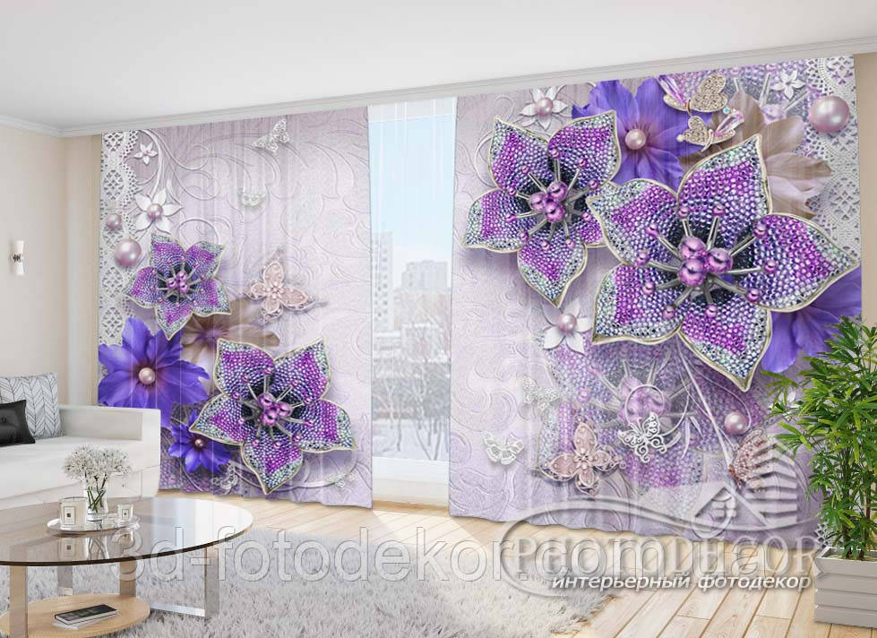 Фото Штори "3D фіолетові квіти" 2,7м*4,0м (2 полотна по 2,0м), тасьма