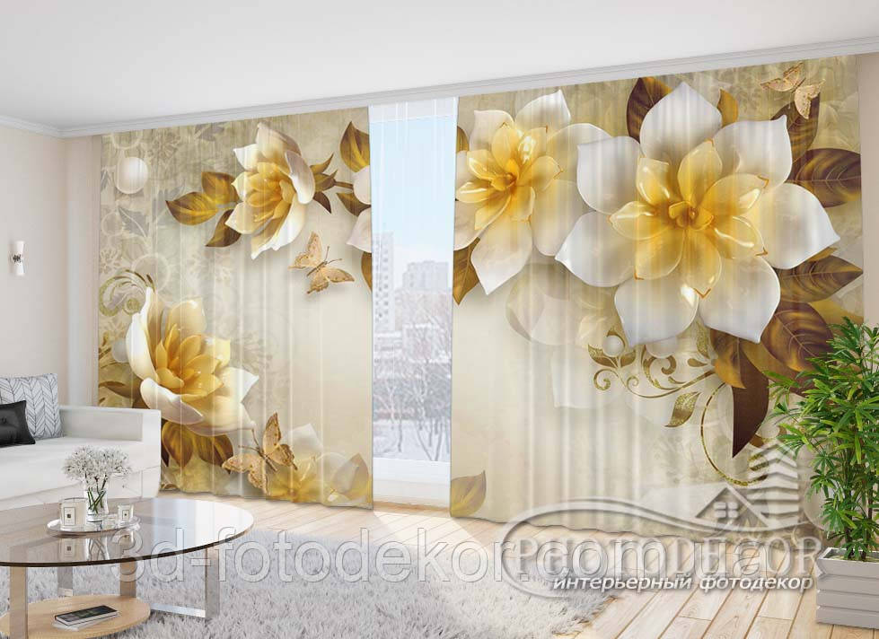 Фото Штори "3D квіти і метелики 1" 2,7м*5,0м (2 полотна по 2,5м), тасьма