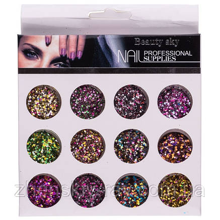 Набір різнобарвної конфеті для нігтів, 12 шт (БЛИСТЯЧЕ), фото 2