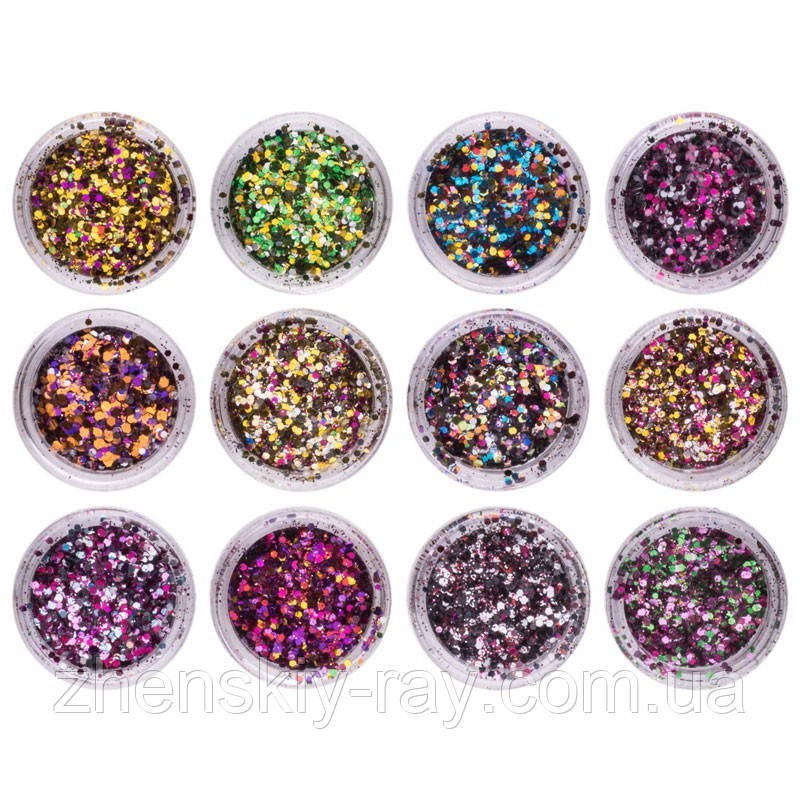 Набір різнобарвної конфеті для нігтів, 12 шт (БЛИСТЯЧЕ)