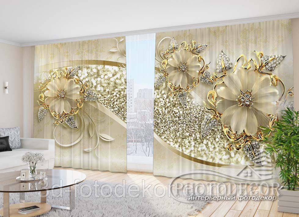 Фото Штори "Брошка зі стразами" 2,7м*4,0м (2 полотна по 2,0м), тасьма, фото 1