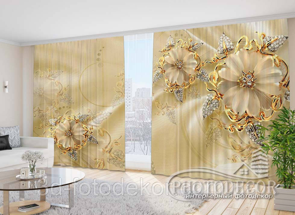 Фото Штори "Золоті квіти 2" 2,7м*4,0м (2 полотна по 2,0м), тасьма