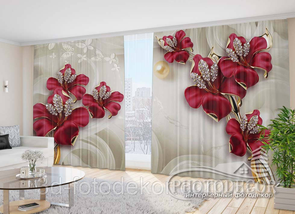 Фото Штори "Червоні квіти і стрази 1" 2,7м*5,0м (2 полотна по 2,5м), тасьма