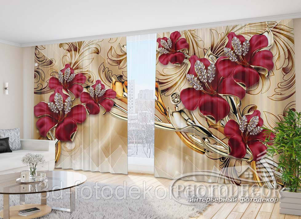Фото Штори "Червоні квіти і стрази 2" 2,7м*5,0м (2 полотна по 2,5м), тасьма, фото 1