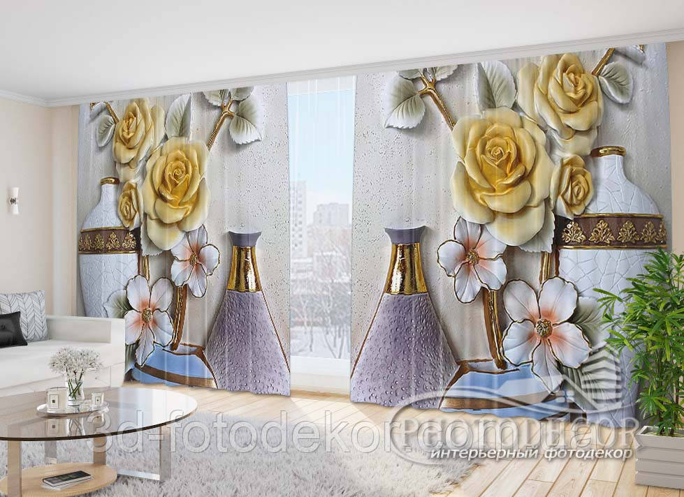 Фото Штори "Глечики і троянди" 2,7м*5,0м (2 полотна по 2,5м), тасьма, фото 1