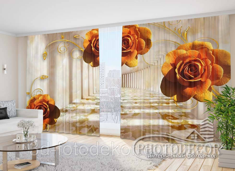 Фото Штори "Помаранчеві троянди" 2,7м*5,0м (2 полотна по 2,5м), тасьма