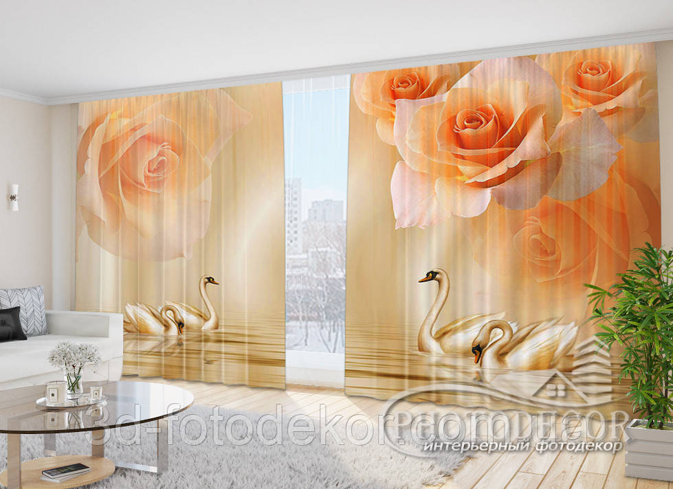 Фото Штори "Троянди й лебеді" 2,7м*4,0м (2 полотна по 2,0м), тасьма, фото 1