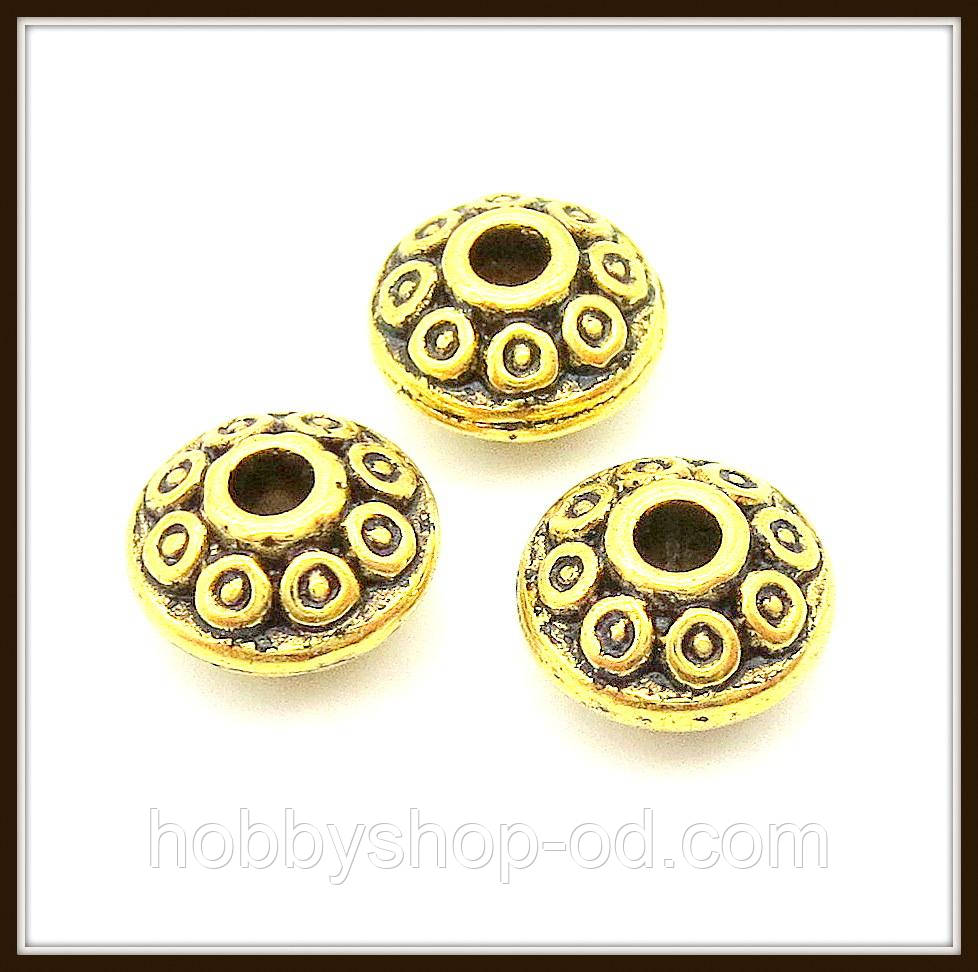 Метал. намистина "юла" золото (d 0,7 х h 0,5 см) 30 шт. в уп., фото 1