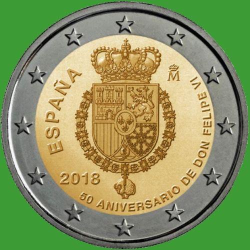 Іспанія 2 євро 2018 р. 50 років від дня народження короля Філіпа VI, UNC