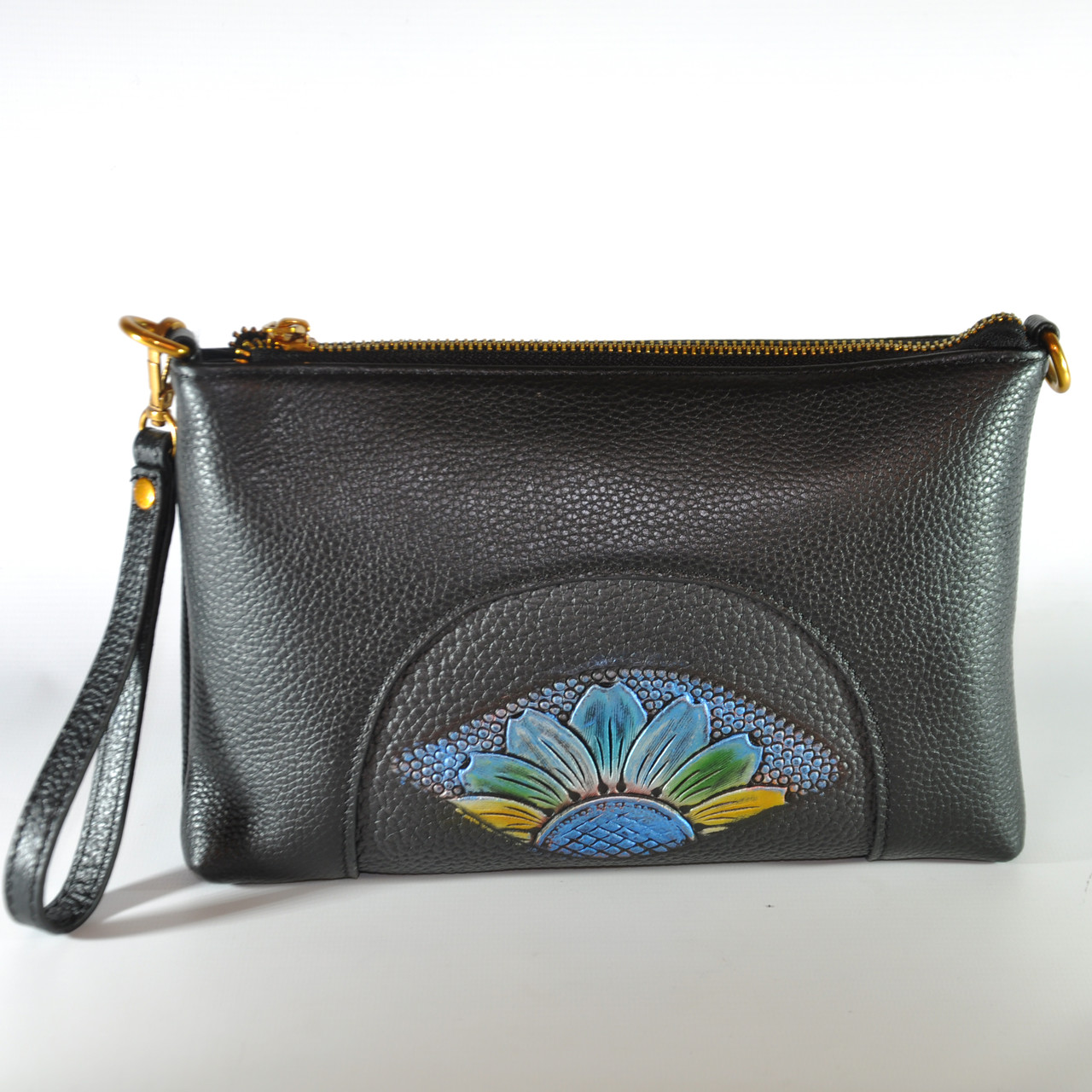 Сумка-клатч жіноча ручної роботи Сонячний квітка Blue шкіра чорна, фото 1