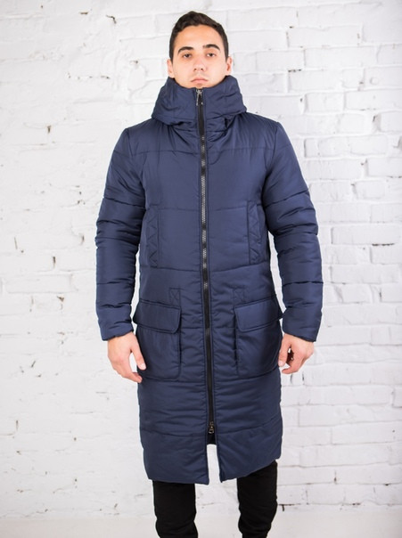 Куртка чоловіча Pobedov "Tank" зимова стильна молодіжна довга з великими кишенями (синя), ОРИГІНАЛ