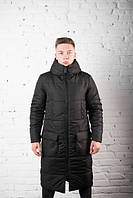 Куртка чоловіча Pobedov "Tank" тепла на зиму з капюшоном стильна довга з кишенями в чорному кольорі, ОРИГІНАЛ