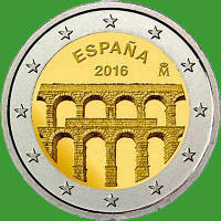 Испания 2 евро 2016 г. Старинный город Сеговия с римским акведуком. UNC