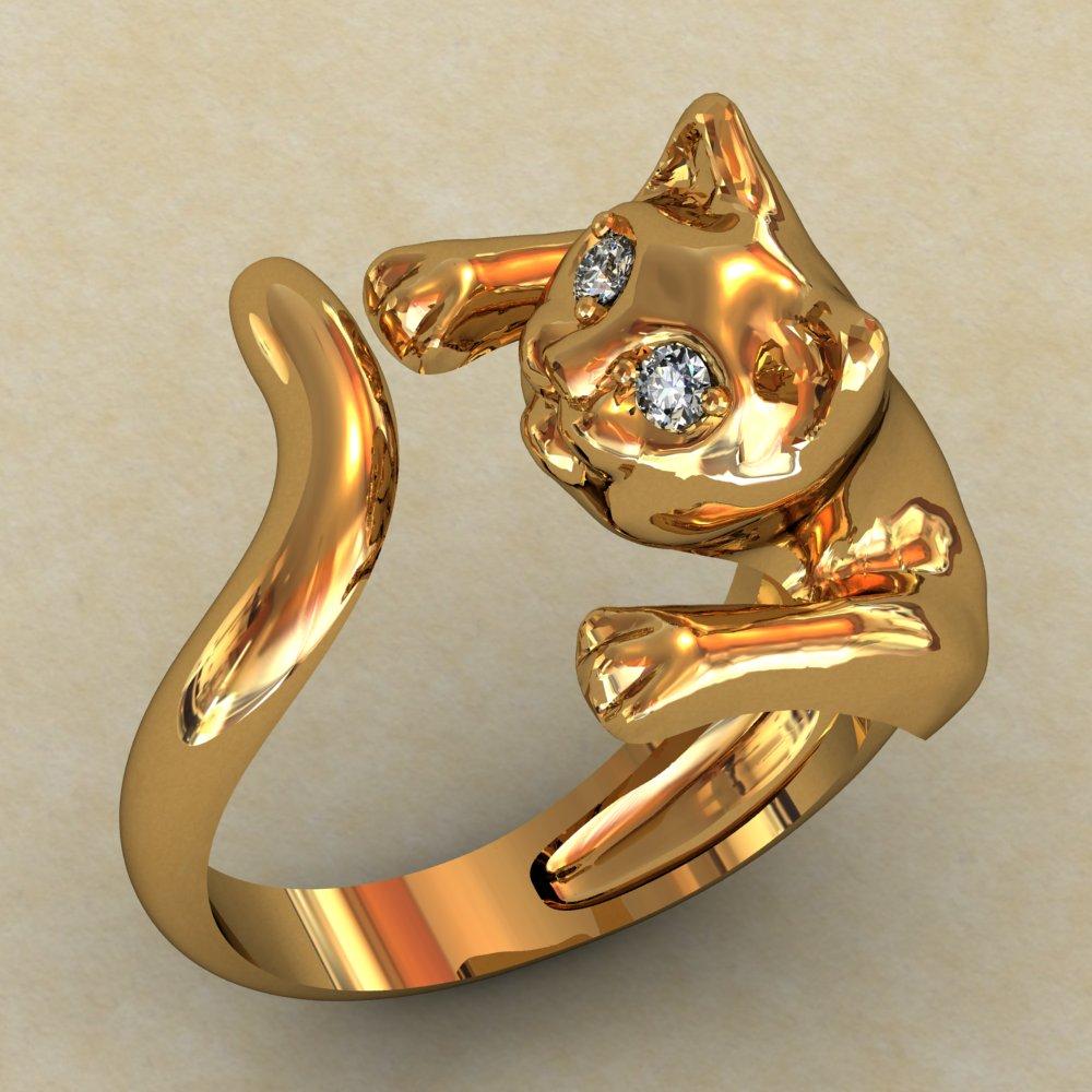 Котик, Кішка, Кошенятко, Кільце жіноче з камінням, серібло 925, золото 585/750