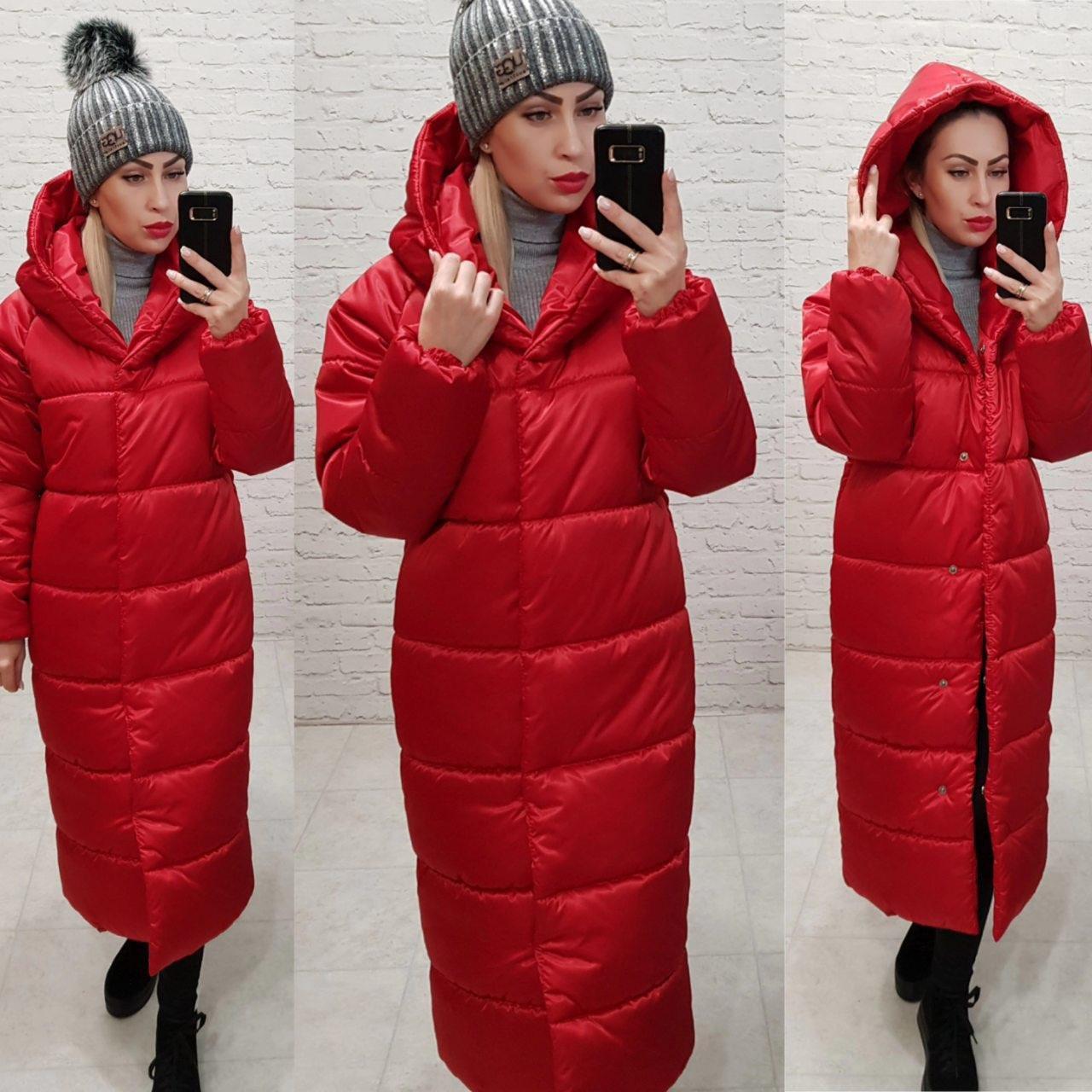 Пальто пуховик ковдра зима OVERSIZE з капюшоном арт. 521 червоний