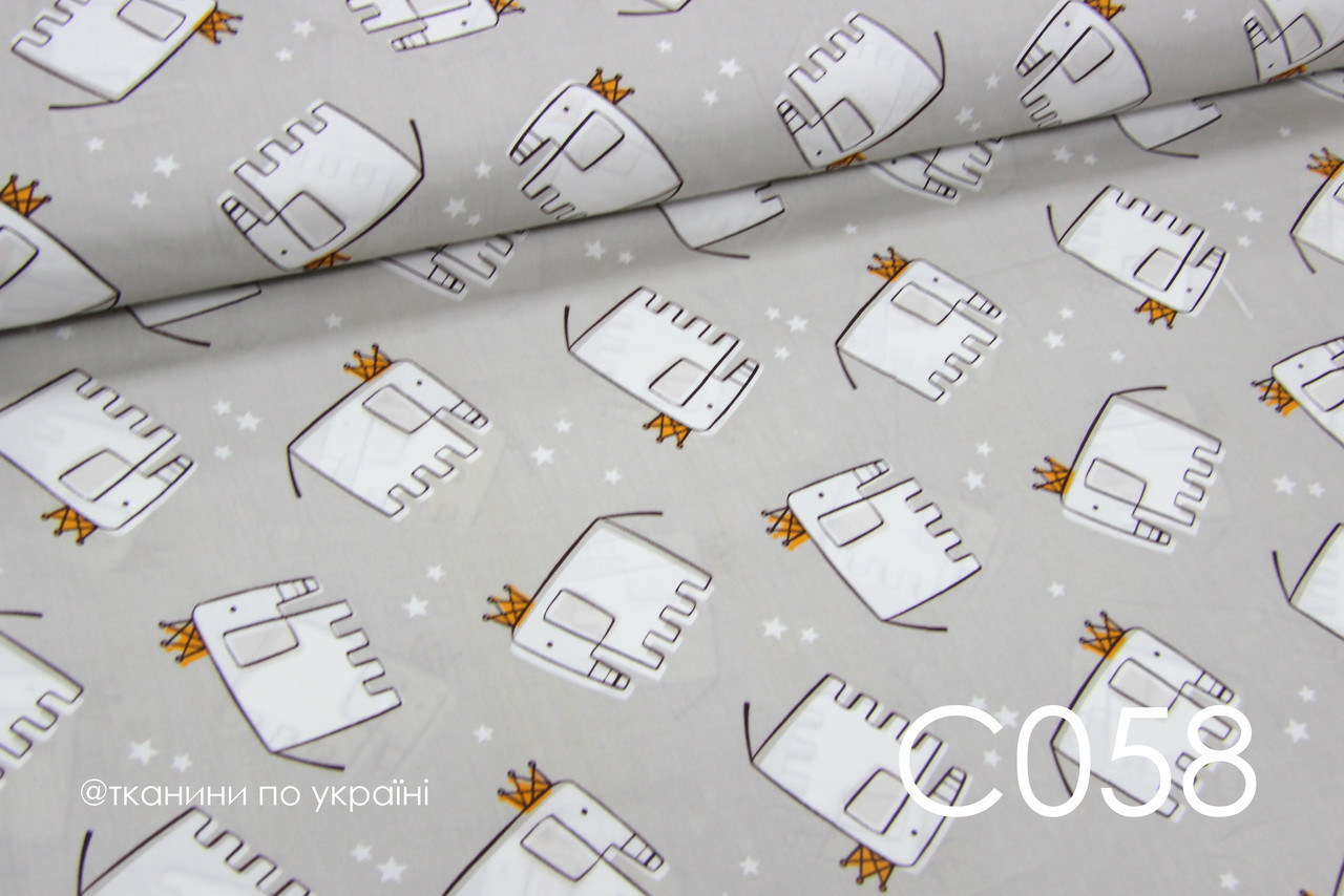 Тканина сатин Слони з коронами на сірому БРАК смужка кожні 60 см, 58 см від кромки (фото №3), фото 1